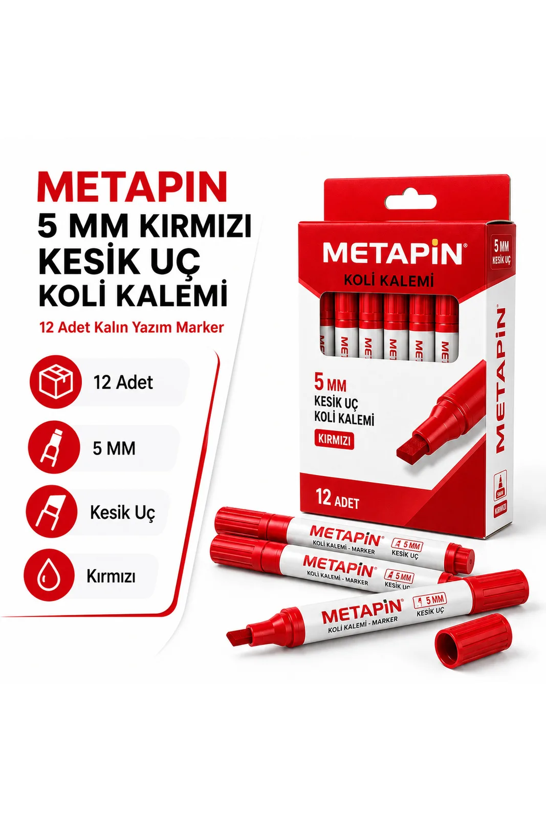 Metapin Kesik Uçlu Koli Kalemi 5 mm Kırmızı 12 Adet ürün özellikleri bilgisi: 12 adet, 5 mm, kesik uç