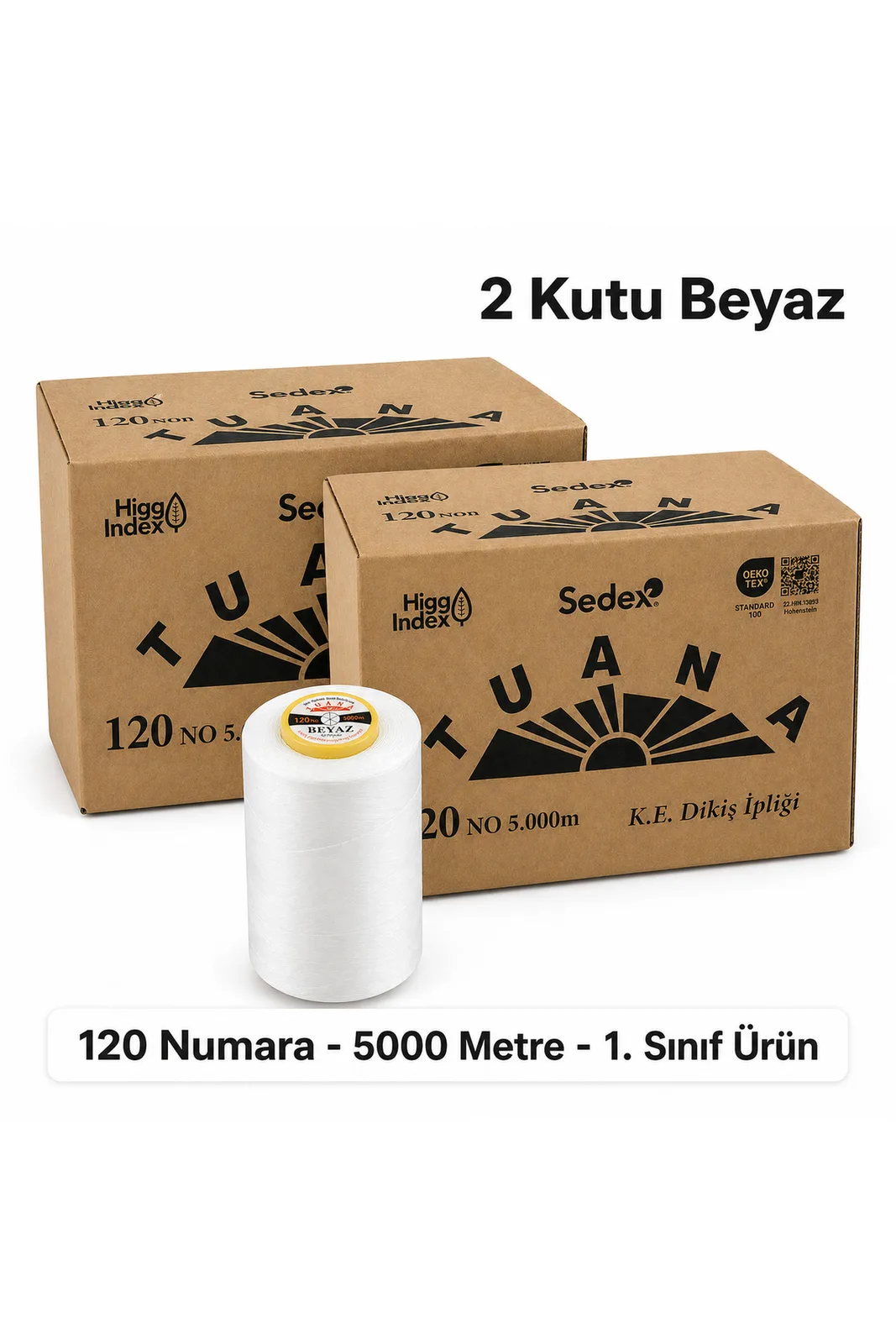 Tuana Polyester Dikiş İpliği 120 No 5000 Metre 2 Kutu Beyaz 12 Bobin 2 koli ve beyaz bobin