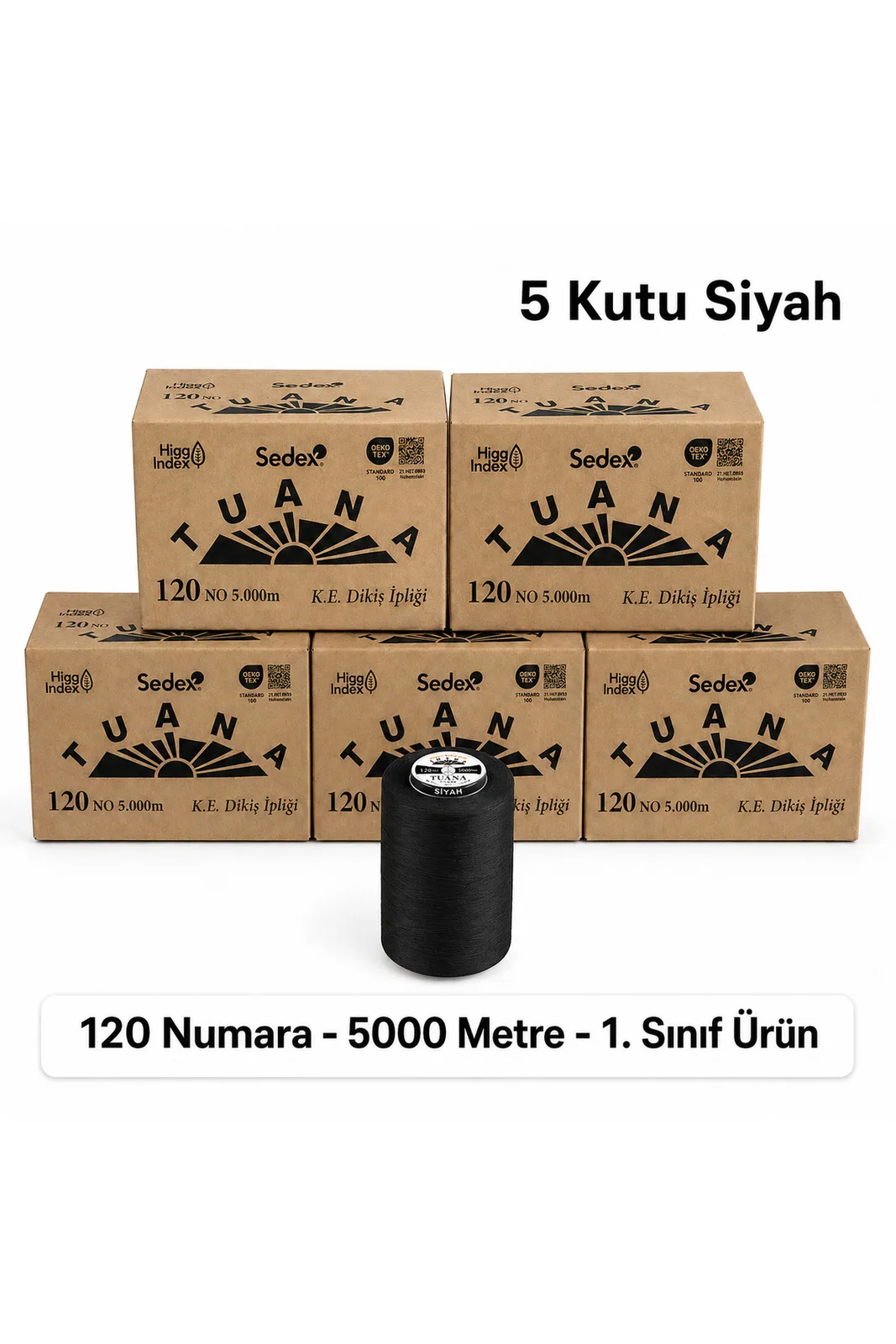 Tuana Polyester Dikiş İpliği 120 No 5000 Metre Siyah 5 Kutu 30 Bobin 5 koli ve siyah bobin