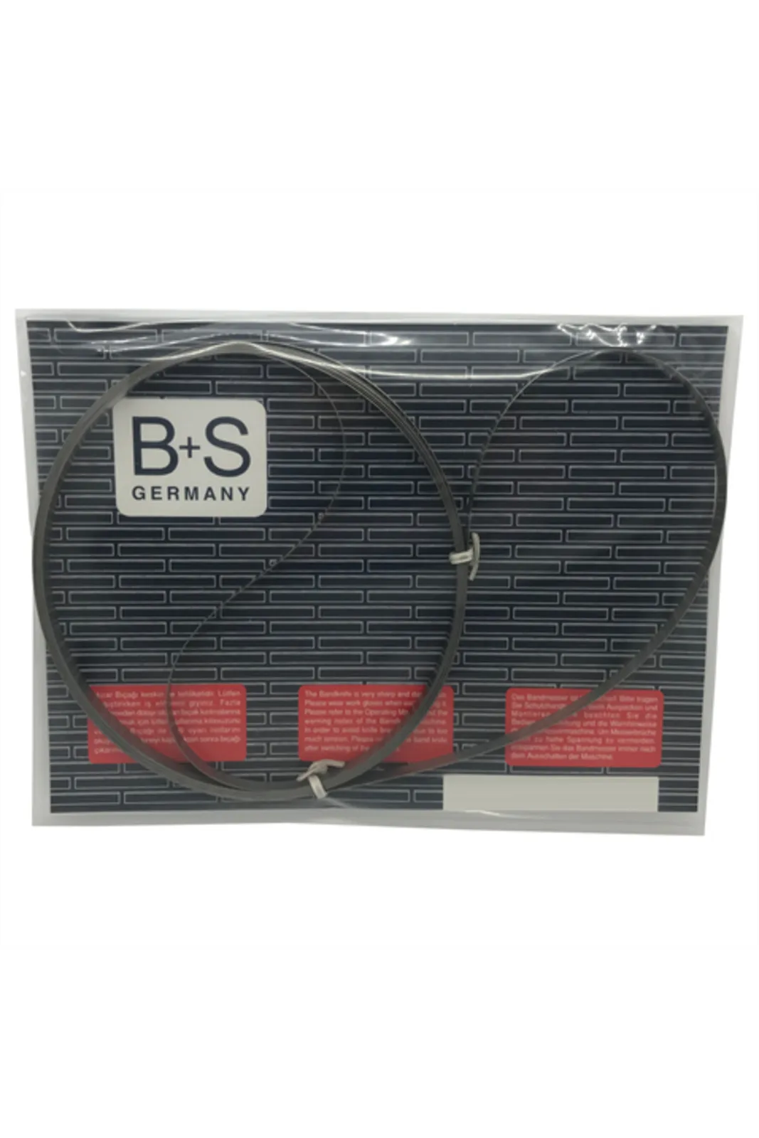 B+S Hızar Makinesi Bıçağı Düz 4920x20x0.45 mm poşet ambalajında önden görünüm