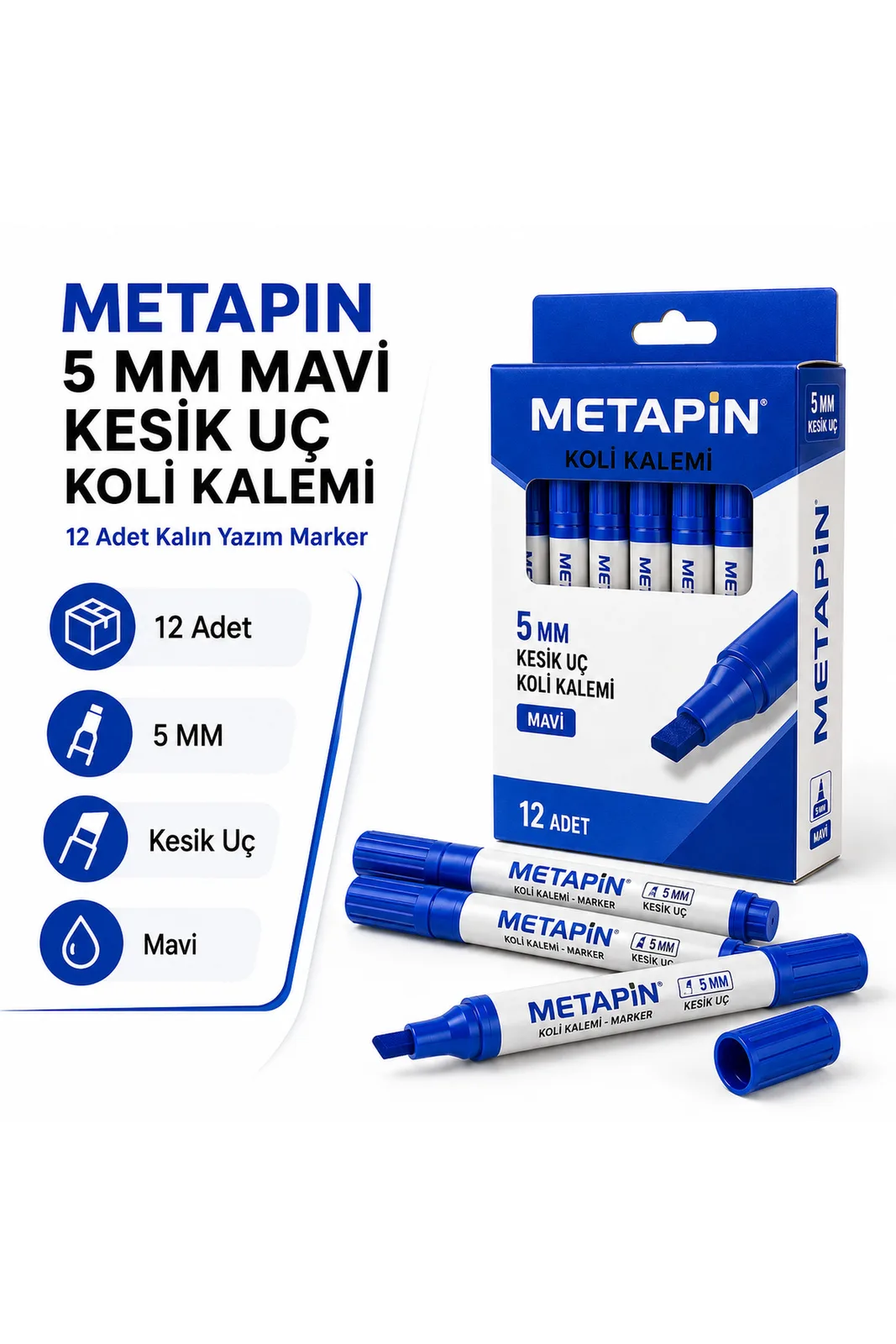 Metapin Kesik Uçlu Koli Kalemi 5 mm Mavi 12 Adet ürün özellikleri bilgisi: 12 adet, 5 mm, kesik uç
