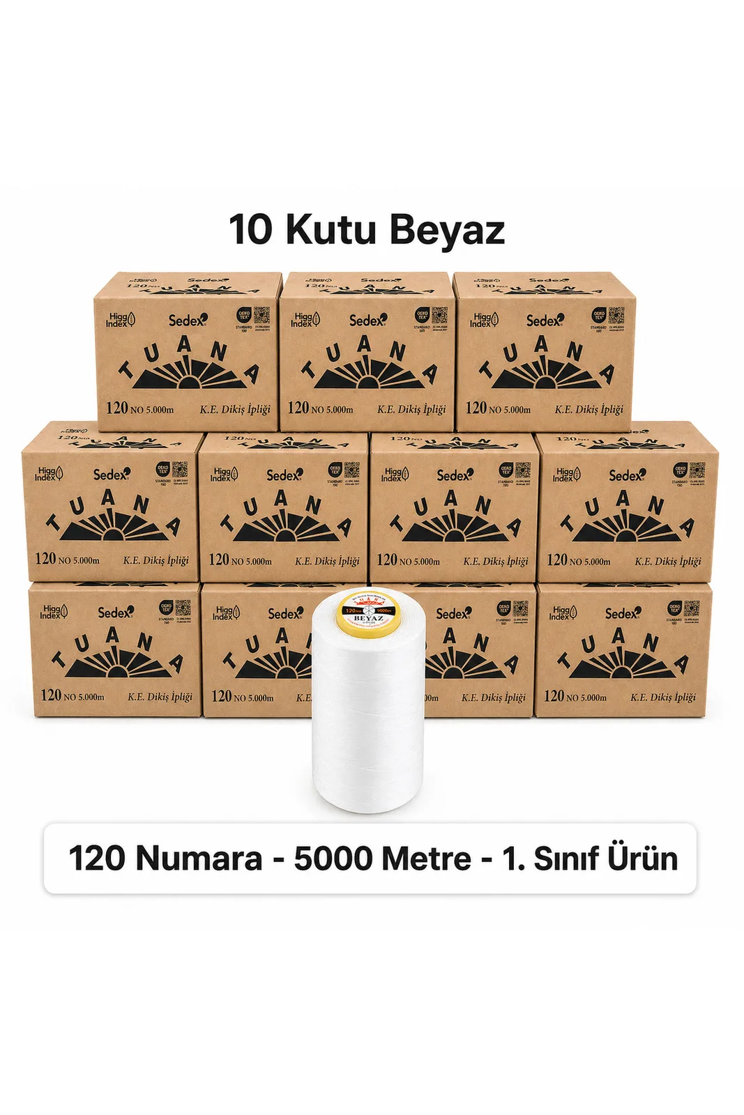 Tuana Polyester Dikiş İpliği 120 No 5000 Metre Beyaz 10 Kutu 60 Bobin 10 koli yığını ve beyaz bobin