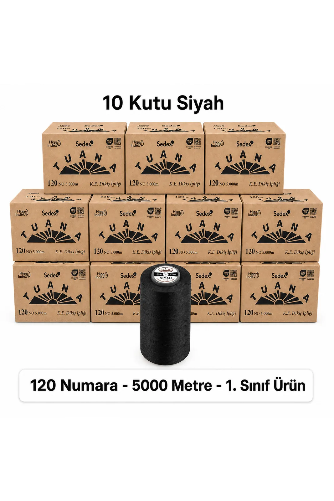 Tuana Polyester Dikiş İpliği 120 No 5000 Metre Siyah 10 Kutu 60 Bobin 10 koli yığını ve siyah bobin