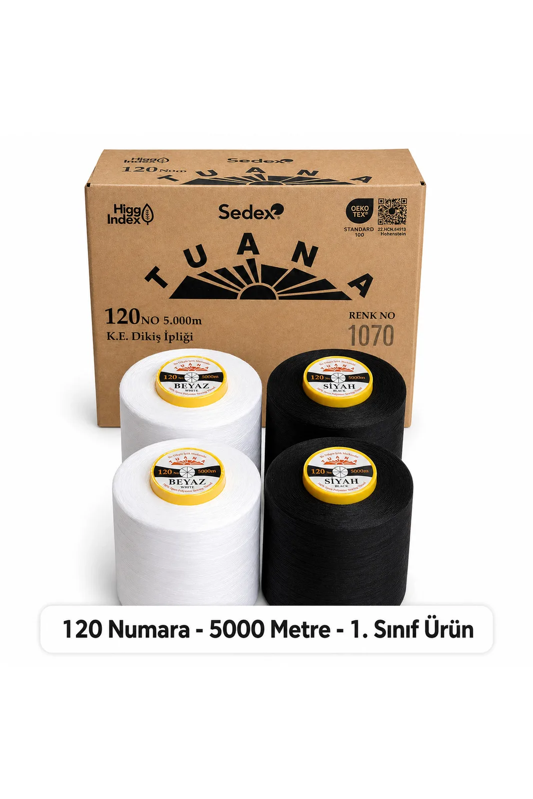 Tuana Polyester Dikiş İpliği 120 No 5000 Metre 4 Bobin 2 Beyaz 2 Siyah koli önünde 2 beyaz 2 siyah bobin
