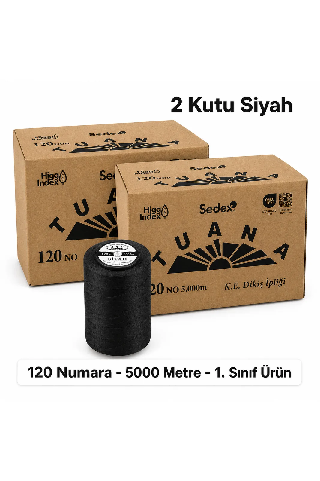 Tuana Polyester Dikiş İpliği 120 No 5000 Metre 2 Kutu Siyah 12 Bobin 2 koli ve siyah bobin