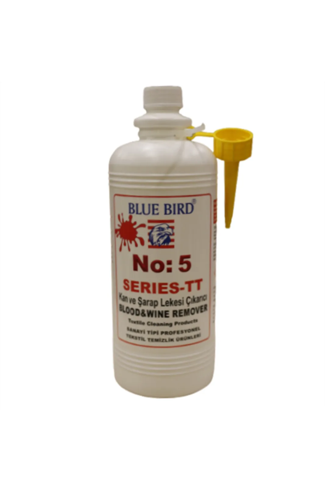 Kan ve Şarap Lekesi Çıkarıcı Blood&Wine Remover No:5 1 Lt BLUE.009 şişe ve sarı uçlu kapak önden görünüm