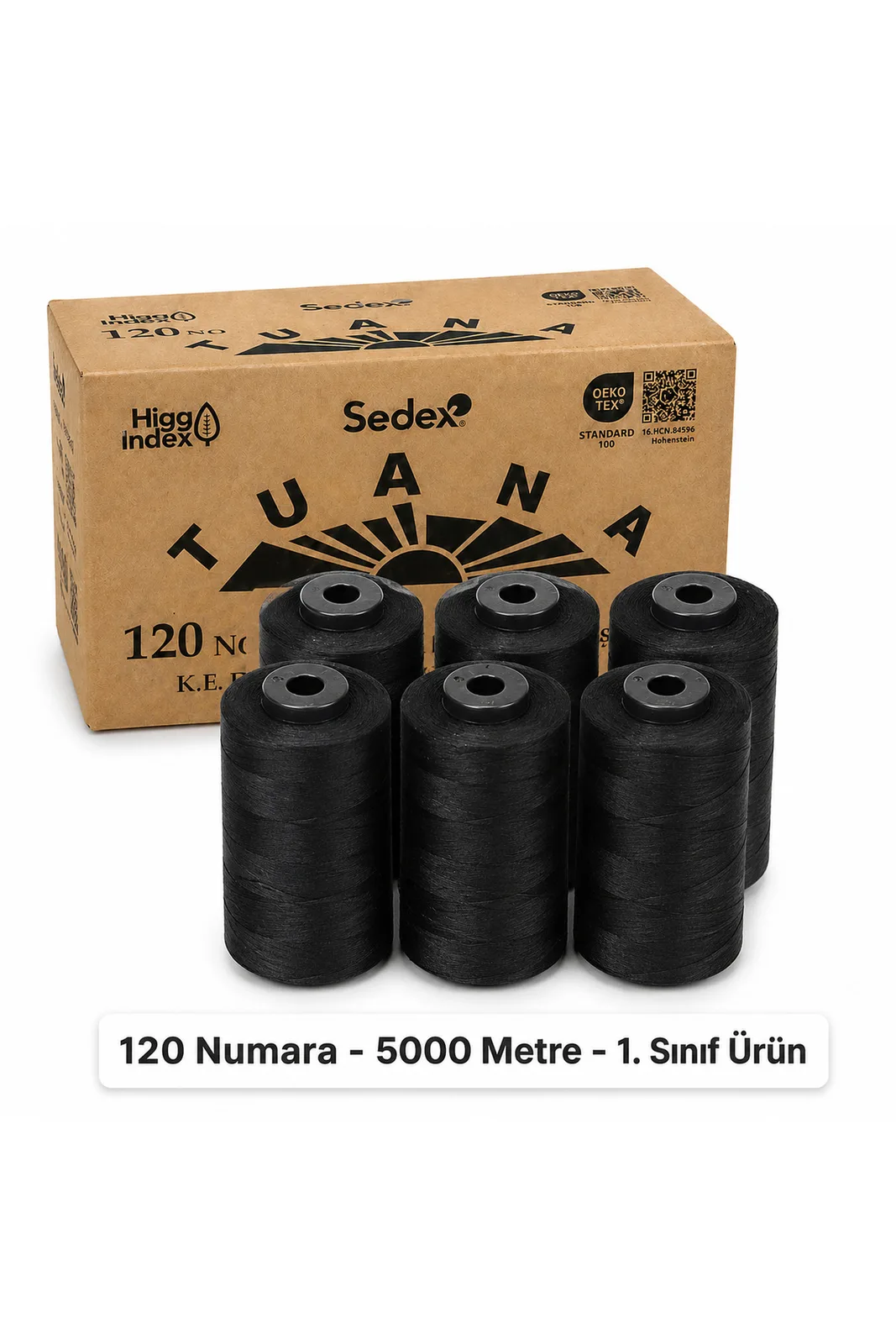 Tuana Polyester Dikiş İpliği 120 Numara 5000 Metre Siyah 6'lı Bobin koli önünde altı siyah bobin